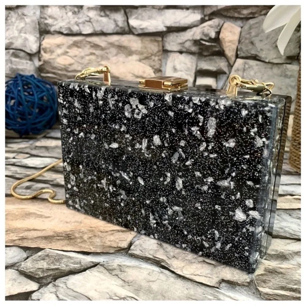 #66 Milly Rock Roll Glitter Acrylic Lucite Snake Chain Handbag Clutch Box Purse